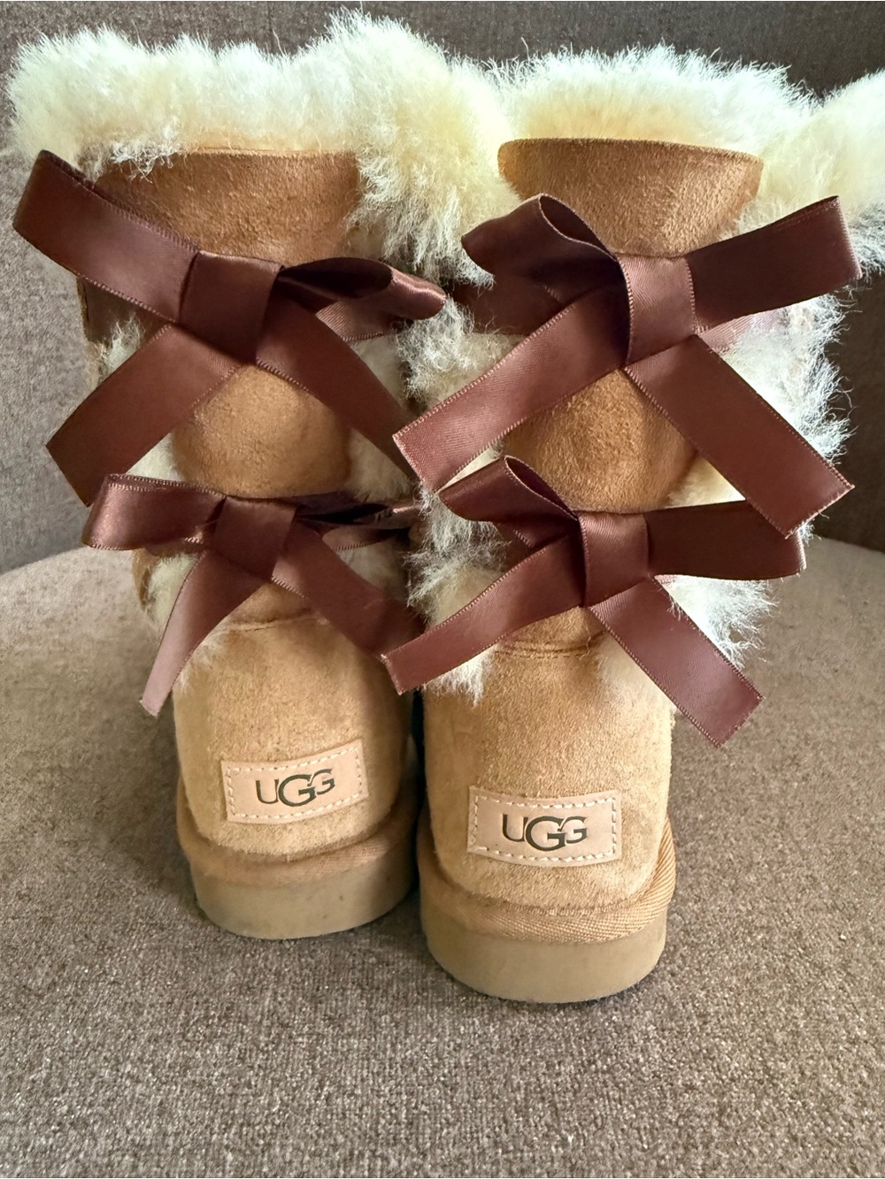 UGG Chestnut Suede Boots with Chocolate Satin Bows